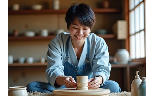 Une femme souriante participe à un atelier de poterie traditionnel au Japon, son visage reflétant la concentration et la joie de la découverte, des céramiques artisanales l'entourent.